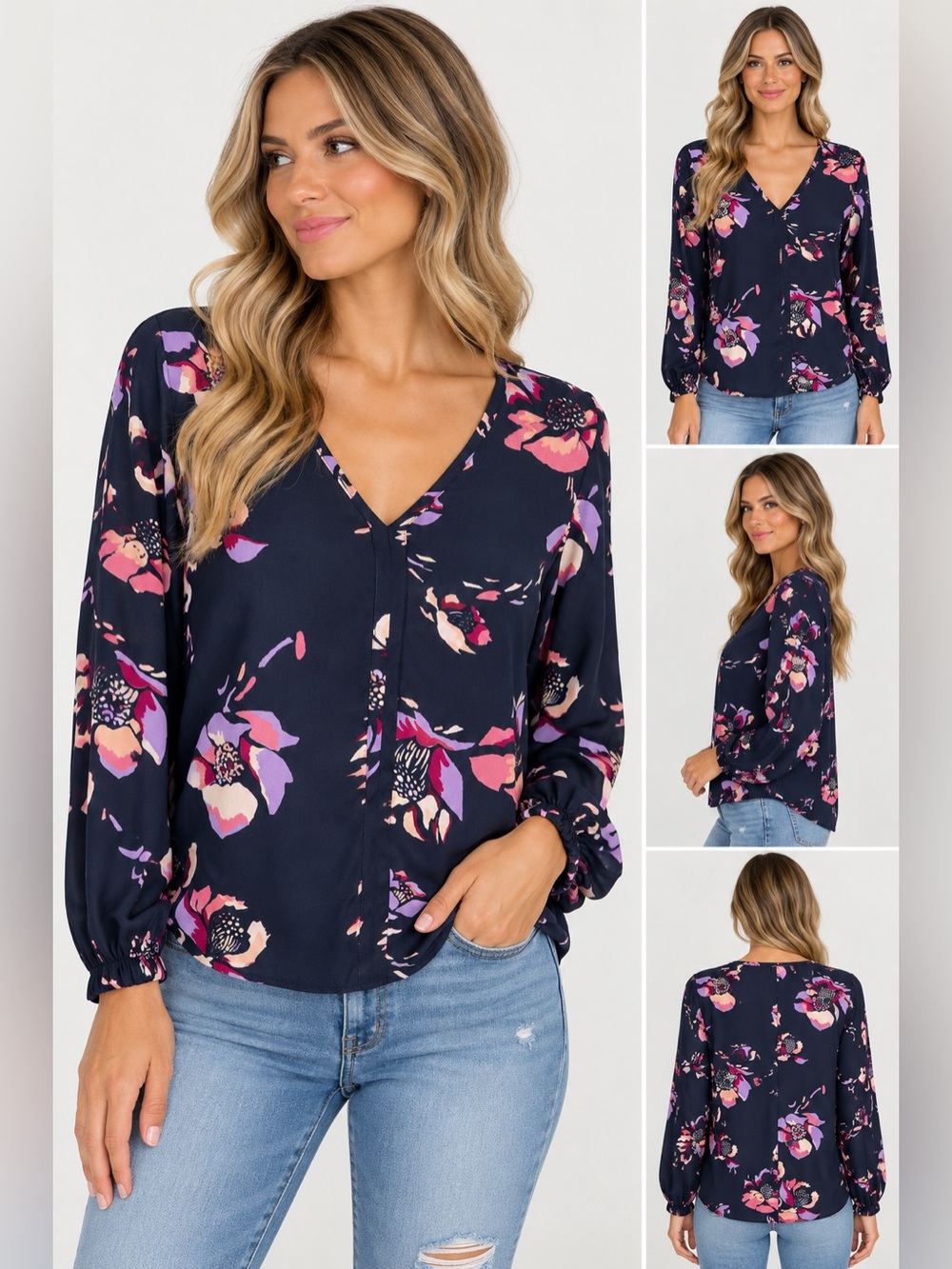 J. Crew Women's Navy Floral Print Long Sleeve V-Neck Blouse size 6